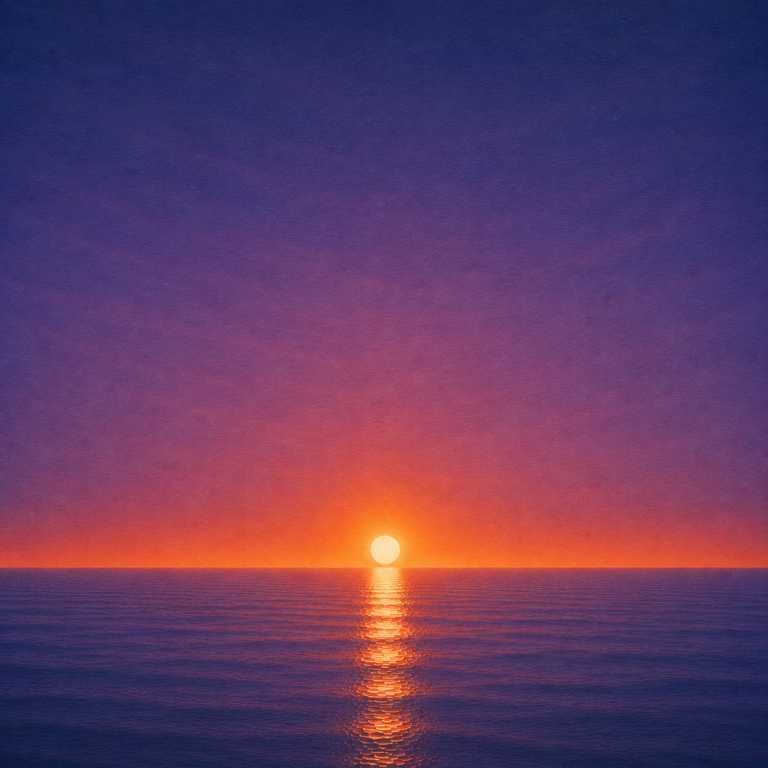 Minimalist seascape with a bright sun resting just above a perfectly flat horizon, its golden reflection stretching across a calm blue ocean beneath a deep violet and amber sky — evoking the Beaming Bernie blog The Stories That Started Running Your Life, about recognising the old beliefs and personal stories that may no longer reflect who you've become.
