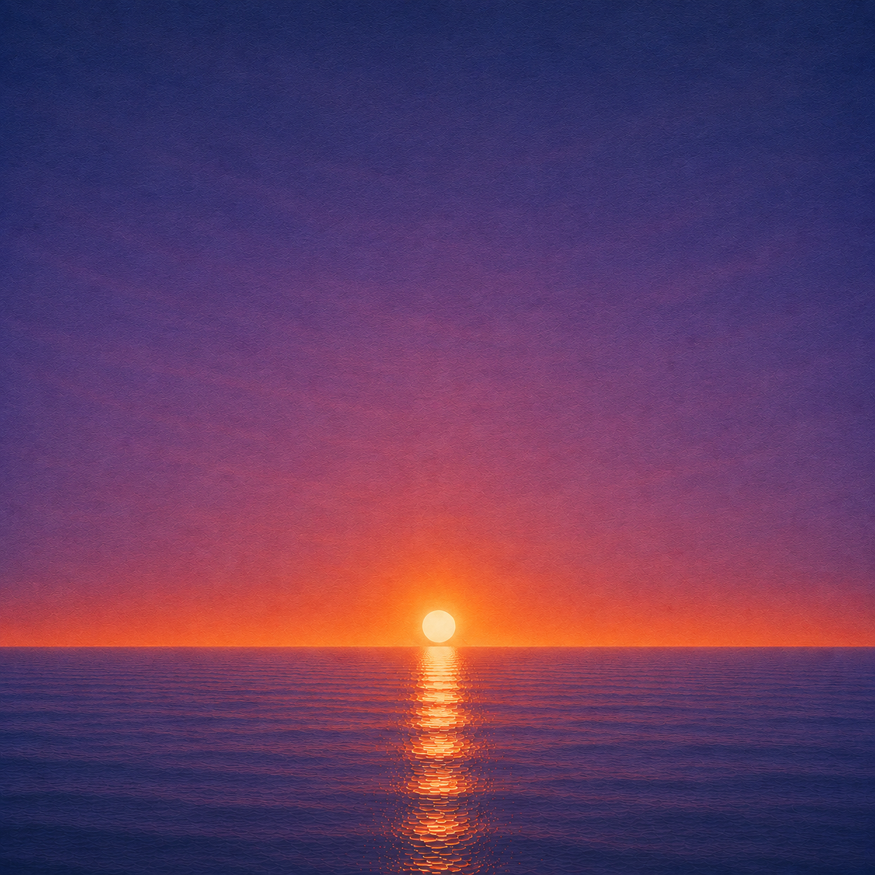 Minimalist seascape with a bright sun resting just above a perfectly flat horizon, its golden reflection stretching across a calm blue ocean beneath a deep violet and amber sky — evoking the Beaming Bernie blog The Stories That Started Running Your Life, about recognising the old beliefs and personal stories that may no longer reflect who you've become.