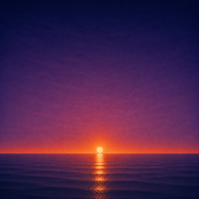 Minimalist seascape with a glowing sun resting on a perfectly flat horizon, its warm reflection stretching across a calm blue ocean beneath a deep violet and crimson sky — evoking the Beaming Bernie blog When Did You Hand Over The Pen, about recognising the moment you reclaim authorship of your own story instead of letting circumstances write it.