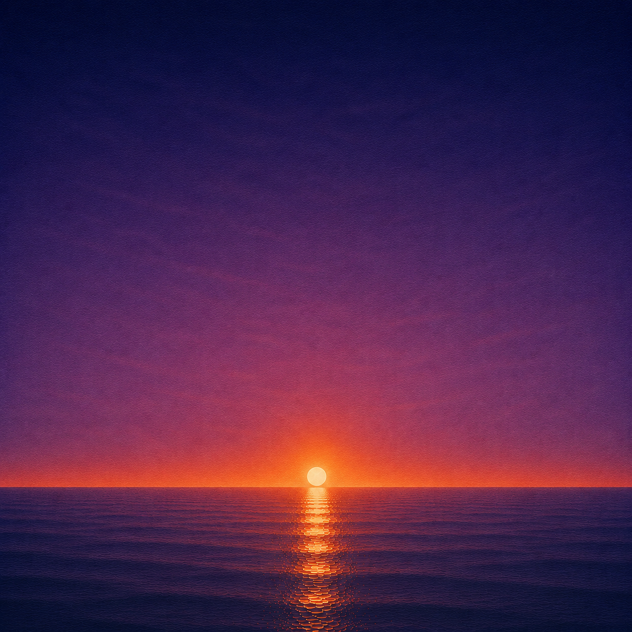 Minimalist seascape with a glowing sun resting on a perfectly flat horizon, its warm reflection stretching across a calm blue ocean beneath a deep violet and crimson sky — evoking the Beaming Bernie blog When Did You Hand Over The Pen, about recognising the moment you reclaim authorship of your own story instead of letting circumstances write it.