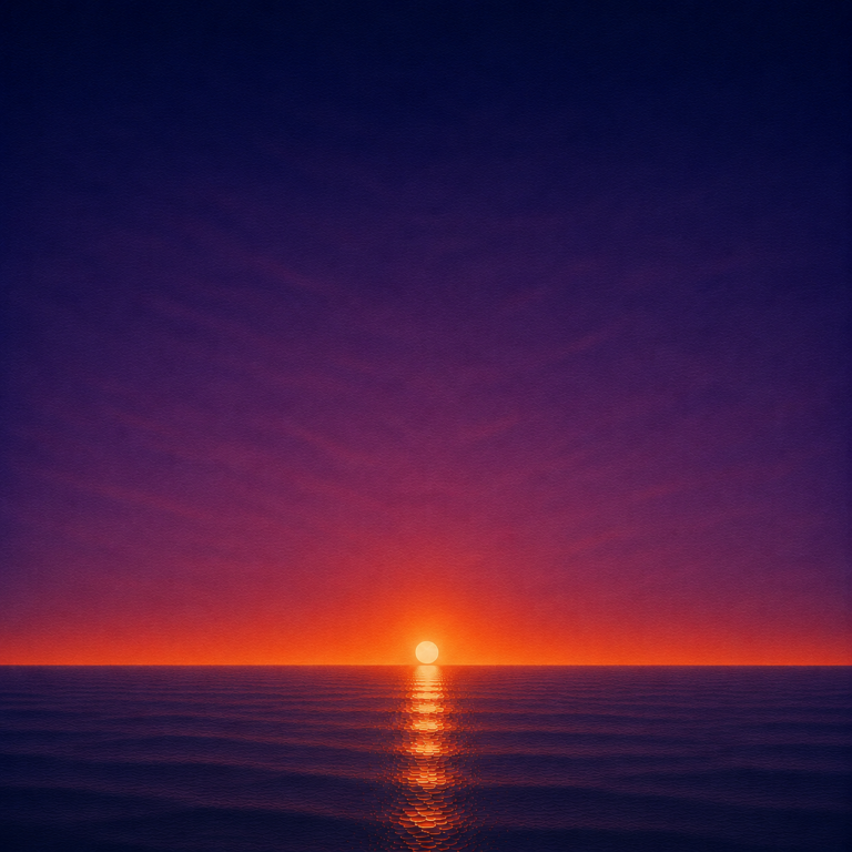 Minimalist seascape with a glowing sun resting on a perfectly flat horizon, its warm reflection stretching across a calm blue ocean beneath a deep violet and crimson sky — evoking the Beaming Bernie blog Influence Is More Powerful Than Control, about focusing on the choices you can influence instead of waiting for complete control.