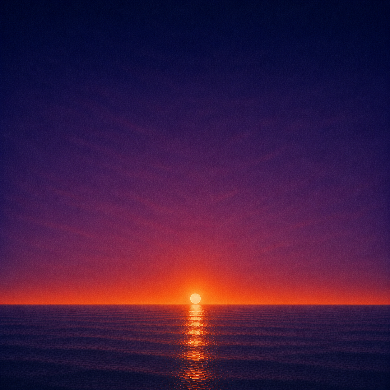 Minimalist seascape with a glowing sun resting on a perfectly flat horizon, its warm reflection stretching across a calm blue ocean beneath a deep violet and crimson sky — evoking the Beaming Bernie blog Influence Is More Powerful Than Control, about focusing on the choices you can influence instead of waiting for complete control.