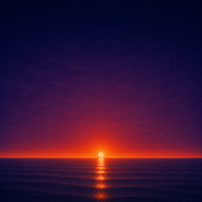 Minimalist seascape with a glowing sun resting on a perfectly flat horizon, its warm reflection stretching across a calm blue ocean beneath a deep violet and crimson sky — evoking the Beaming Bernie blog There Comes A Point When You Know Enough, about recognising when seeking more information becomes a substitute for making the decision.