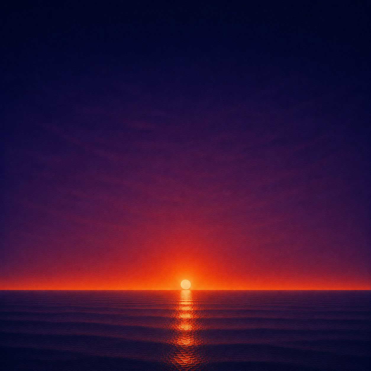Minimalist seascape with a glowing sun resting on a perfectly flat horizon, its warm reflection stretching across a calm blue ocean beneath a deep violet and crimson sky — evoking the Beaming Bernie blog There Comes A Point When You Know Enough, about recognising when seeking more information becomes a substitute for making the decision.