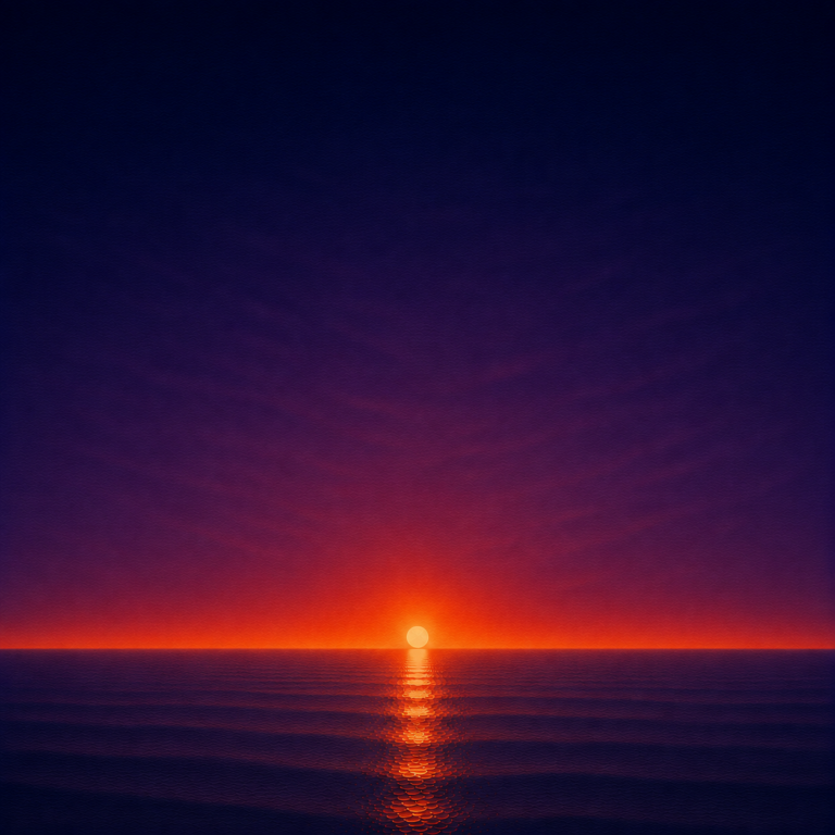 Minimalist seascape with a glowing sun resting on a perfectly flat horizon, its warm reflection stretching across a calm blue ocean beneath a deep violet and crimson sky — evoking the Beaming Bernie blog The Decision You Already Know, about recognising when the answer has been clear for some time and finding the courage to act on what you already know.
