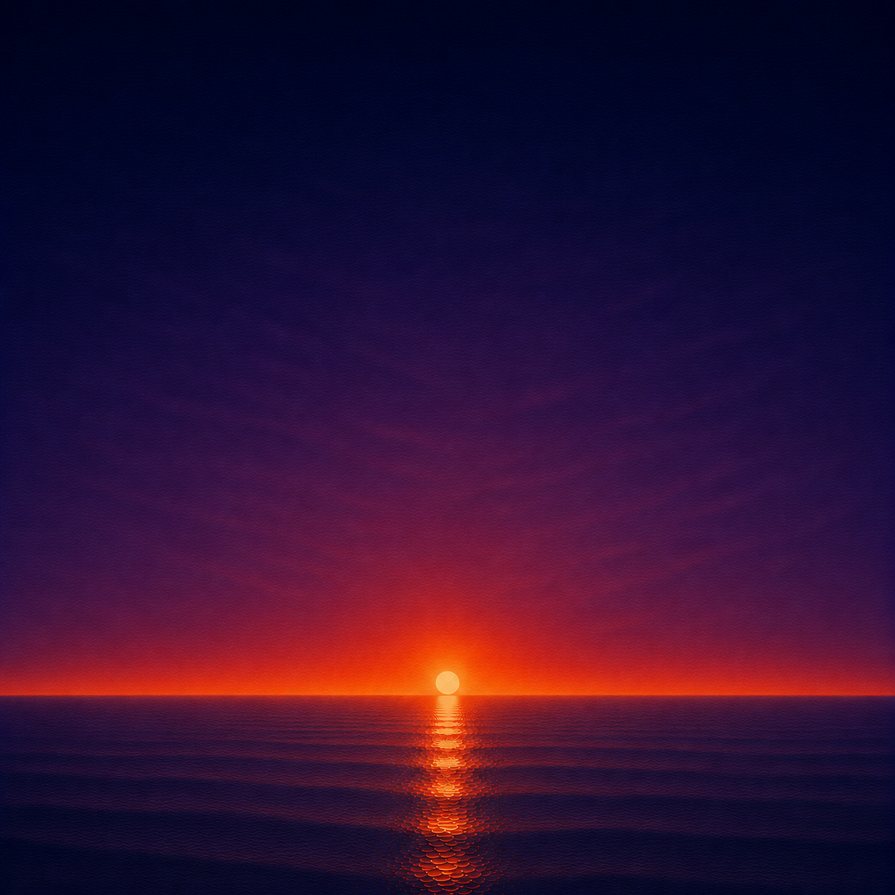 Minimalist seascape with a glowing sun resting on a perfectly flat horizon, its warm reflection stretching across a calm blue ocean beneath a deep violet and crimson sky — evoking the Beaming Bernie blog The Decision You Already Know, about recognising when the answer has been clear for some time and finding the courage to act on what you already know.