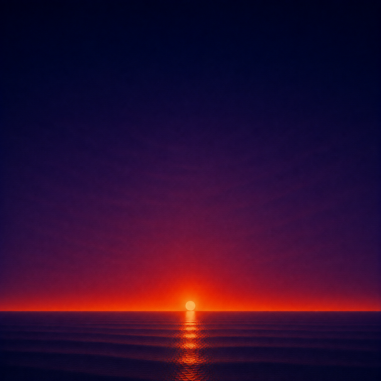 Minimalist seascape with a glowing sun resting on a perfectly flat horizon, its warm reflection stretching across a calm blue ocean beneath a deep violet and crimson sky — evoking the Beaming Bernie blog The Decision Is The End Of Waiting, about recognising that the moment you decide is also the moment waiting finally comes to an end.
