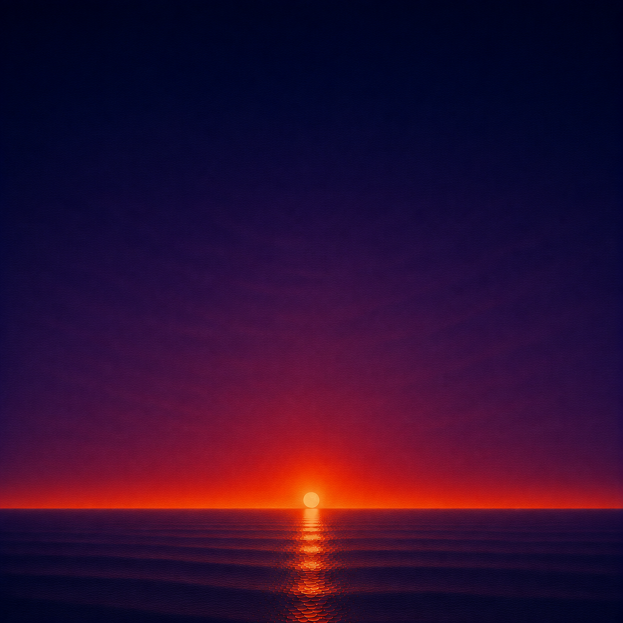 Minimalist seascape with a glowing sun resting on a perfectly flat horizon, its warm reflection stretching across a calm blue ocean beneath a deep violet and crimson sky — evoking the Beaming Bernie blog The Decision Is The End Of Waiting, about recognising that the moment you decide is also the moment waiting finally comes to an end.