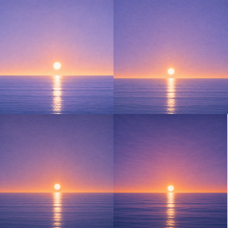 Composite of four minimalist seascapes showing a glowing sun at slightly different positions above a perfectly flat horizon, each casting a luminous reflection across a calm blue ocean beneath a tranquil pastel sky — evoking the Beaming Bernie blog Why The Decision Didn't Change Everything, about how making a decision doesn't instantly transform life, but creates space for the next chapter to begin.