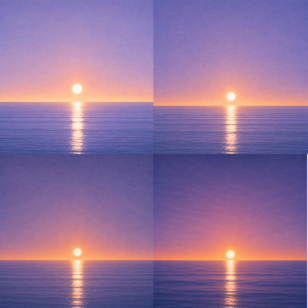 Composite of four minimalist seascapes showing a glowing sun at slightly different positions above a perfectly flat horizon, each casting a luminous reflection across a calm blue ocean beneath a tranquil pastel sky — evoking the Beaming Bernie blog Why The Decision Didn't Change Everything, about how making a decision doesn't instantly transform life, but creates space for the next chapter to begin.