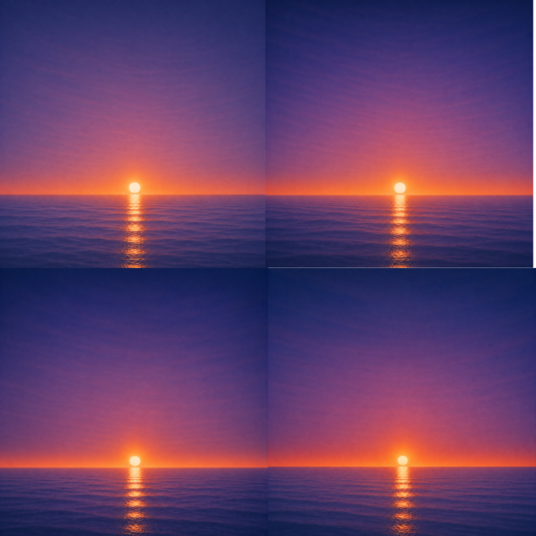 positions above a perfectly flat horizon, each casting a luminous reflection across a calm blue ocean beneath a deep violet and amber sky — evoking the Beaming Bernie blog The Day After The Decision, about recognising that uncertainty and confidence can coexist, and that the real journey begins after the decision has been made.