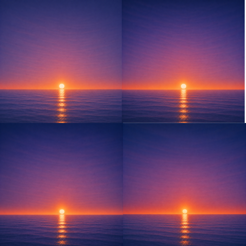 positions above a perfectly flat horizon, each casting a luminous reflection across a calm blue ocean beneath a deep violet and amber sky — evoking the Beaming Bernie blog The Day After The Decision, about recognising that uncertainty and confidence can coexist, and that the real journey begins after the decision has been made.
