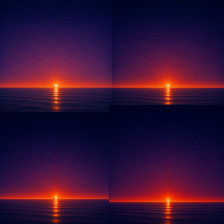 Composite of four minimalist seascapes showing a glowing sun at slightly different positions above a perfectly flat horizon, each casting a luminous reflection across a calm blue ocean beneath a deep violet and crimson sky — evoking the Beaming Bernie blog The Promise Nobody Else Can Keep, about recognising that lasting change depends on the promises you keep to yourself after the decision has been made.