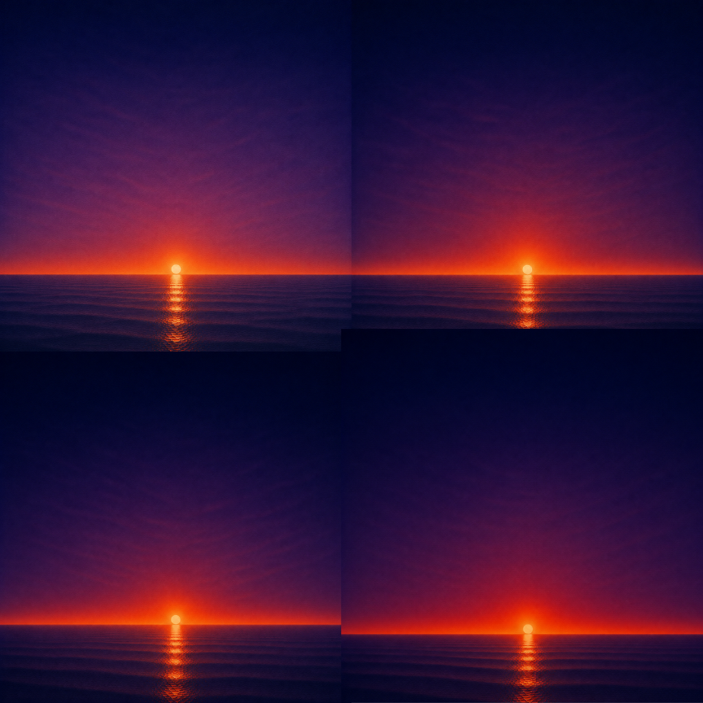 Composite of four minimalist seascapes showing a glowing sun at slightly different positions above a perfectly flat horizon, each casting a luminous reflection across a calm blue ocean beneath a deep violet and crimson sky — evoking the Beaming Bernie blog The Promise Nobody Else Can Keep, about recognising that lasting change depends on the promises you keep to yourself after the decision has been made.
