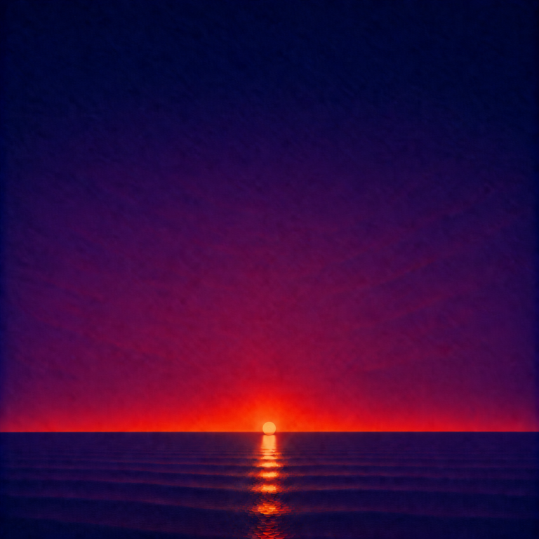 Minimalist seascape showing a glowing sun just above a perfectly flat horizon, casting a bright reflection across a calm blue ocean beneath a deep indigo, violet and crimson sky — evoking the Beaming Bernie blog Why Does Deciding to Change Put Me Under So Much Pressure?, about how a decision to change can quietly become a test of seriousness, discipline or character rather than simply a choice about what you want.