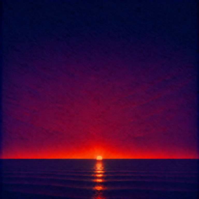 Minimalist seascape showing a glowing sun beginning to sink behind a perfectly flat horizon, casting a luminous reflection across a calm blue ocean beneath a deep indigo, violet and crimson sky — evoking the Beaming Bernie blog The £10,000 Coaching Course I Stopped Attending, about why stopping something you once chose can feel so difficult when finishing has become evidence of commitment, seriousness or the kind of person you believe yourself to be.