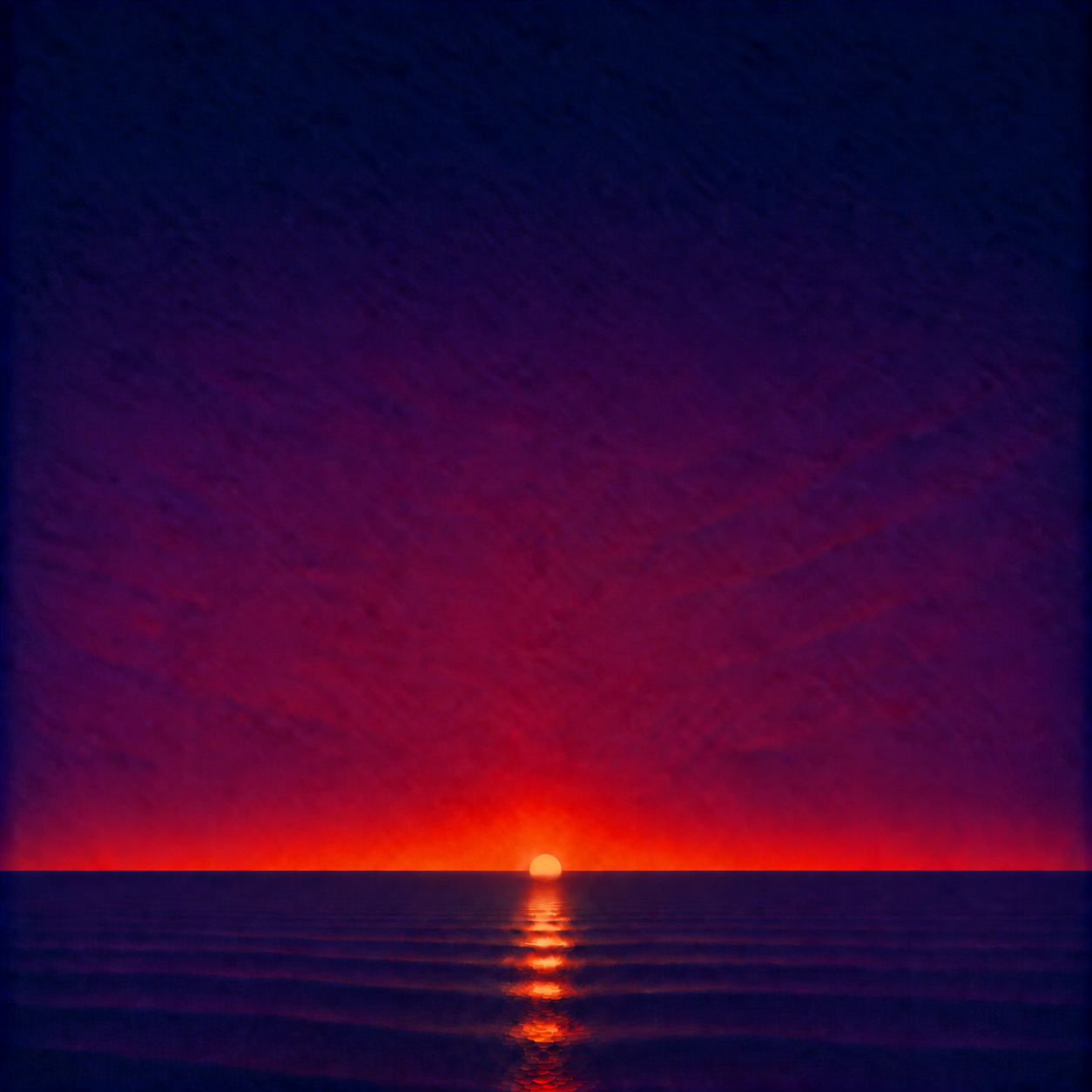 Minimalist seascape showing a glowing sun beginning to sink behind a perfectly flat horizon, casting a luminous reflection across a calm blue ocean beneath a deep indigo, violet and crimson sky — evoking the Beaming Bernie blog The £10,000 Coaching Course I Stopped Attending, about why stopping something you once chose can feel so difficult when finishing has become evidence of commitment, seriousness or the kind of person you believe yourself to be.