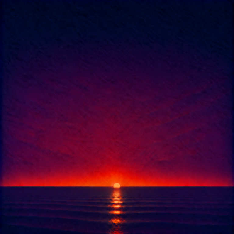 Minimalist seascape showing a glowing sun partially lowered behind a perfectly flat horizon, casting a luminous reflection across a calm blue ocean beneath a deep indigo, violet and crimson sky — evoking the Beaming Bernie blog You Don't Have to Prove You Meant It, about recognising that the hardest or most demanding response is not automatically the most committed one, and that what matters is whether your next choice still serves the reason the decision mattered in the first place.