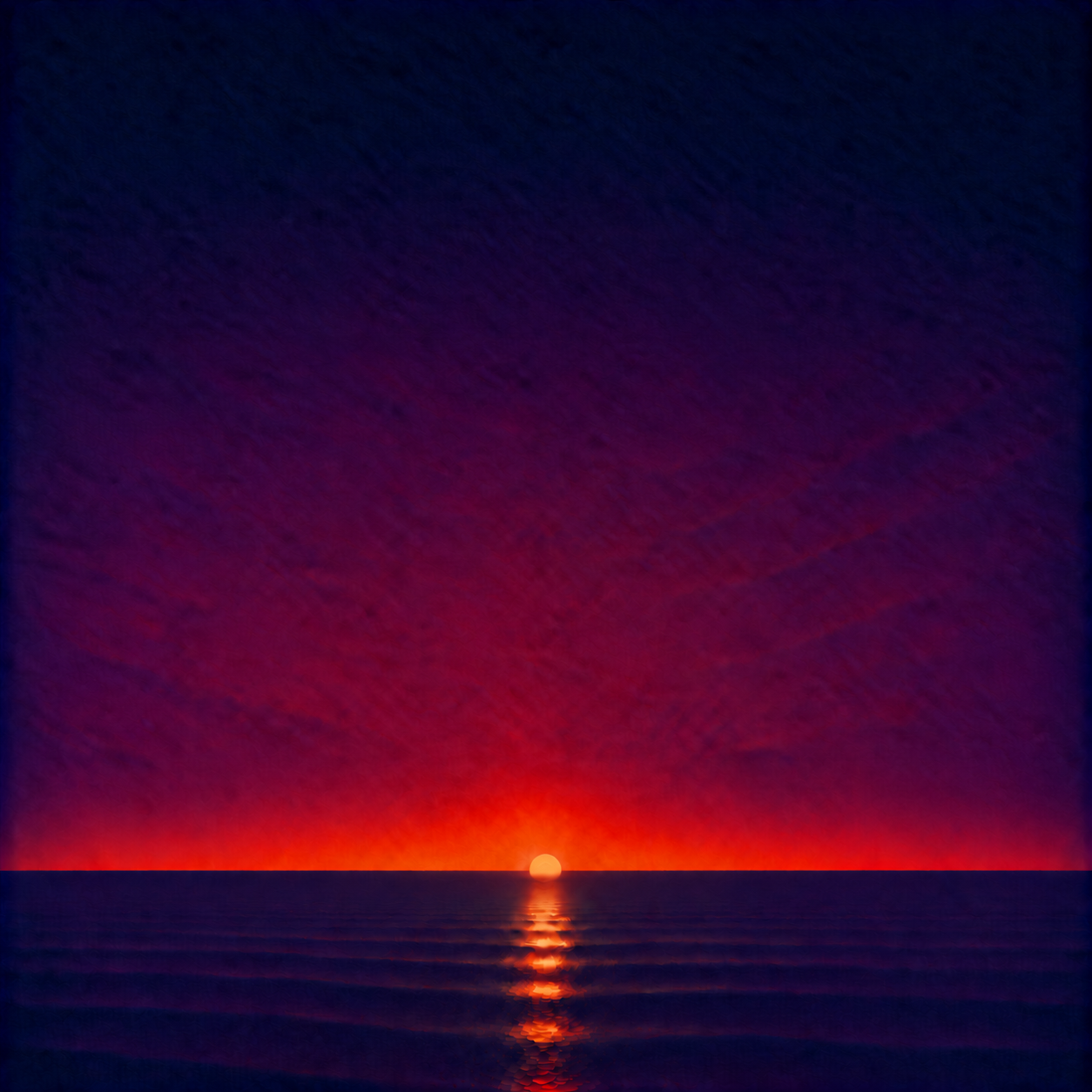 Minimalist seascape showing a glowing sun partially lowered behind a perfectly flat horizon, casting a luminous reflection across a calm blue ocean beneath a deep indigo, violet and crimson sky — evoking the Beaming Bernie blog You Don't Have to Prove You Meant It, about recognising that the hardest or most demanding response is not automatically the most committed one, and that what matters is whether your next choice still serves the reason the decision mattered in the first place.