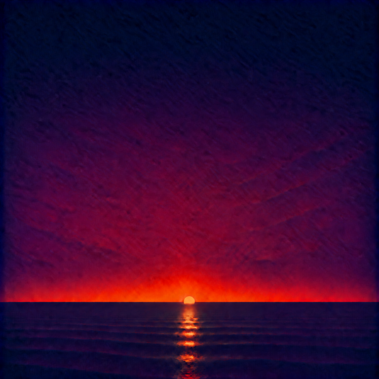 Minimalist seascape showing a glowing sun partially lowered behind a perfectly flat horizon, casting a luminous reflection across a calm blue ocean beneath a deep indigo, violet and crimson sky — evoking the Beaming Bernie blog How Do I Know If I’m Changing for Myself or for Other People, about recognising when being seen, admired or recognised begins to influence what you choose, while accepting that wanting something for more than one reason does not make the desire inauthentic.