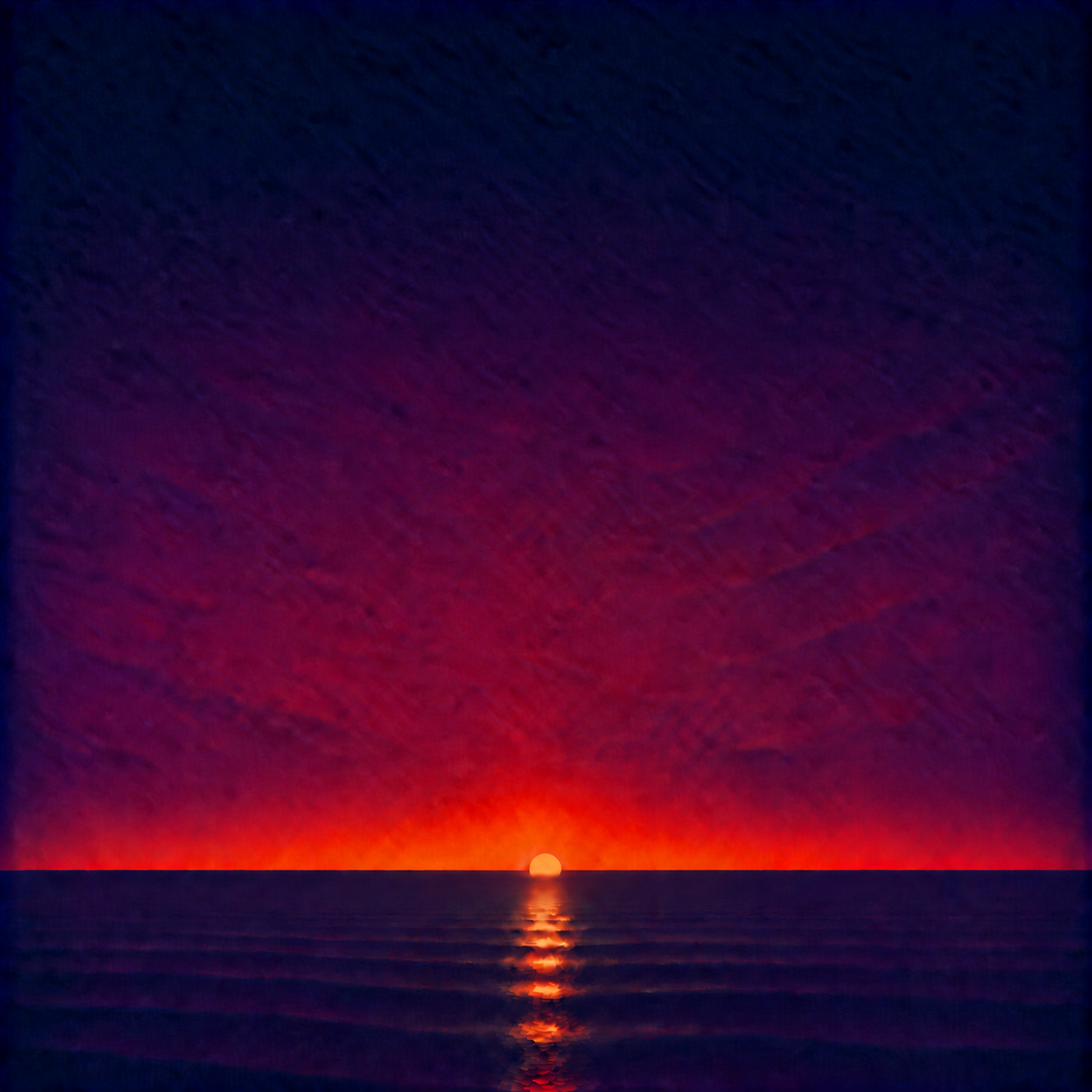 Minimalist seascape showing a glowing sun partially lowered behind a perfectly flat horizon, casting a luminous reflection across a calm blue ocean beneath a deep indigo, violet and crimson sky — evoking the Beaming Bernie blog How Do I Know If I’m Changing for Myself or for Other People, about recognising when being seen, admired or recognised begins to influence what you choose, while accepting that wanting something for more than one reason does not make the desire inauthentic.