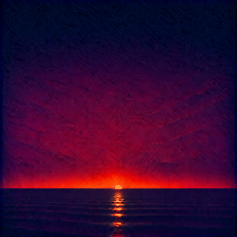 Minimalist seascape showing a glowing sun sinking lower behind a perfectly flat horizon, with a narrowing reflection across a calm blue ocean beneath a deep indigo, violet and crimson sky — evoking the Beaming Bernie blog Why People From Your Past Still Influence Your Choices, about recognising how the imagined reactions of former colleagues, old friends, family or people from an earlier stage of life can still shape the choices you make now.
