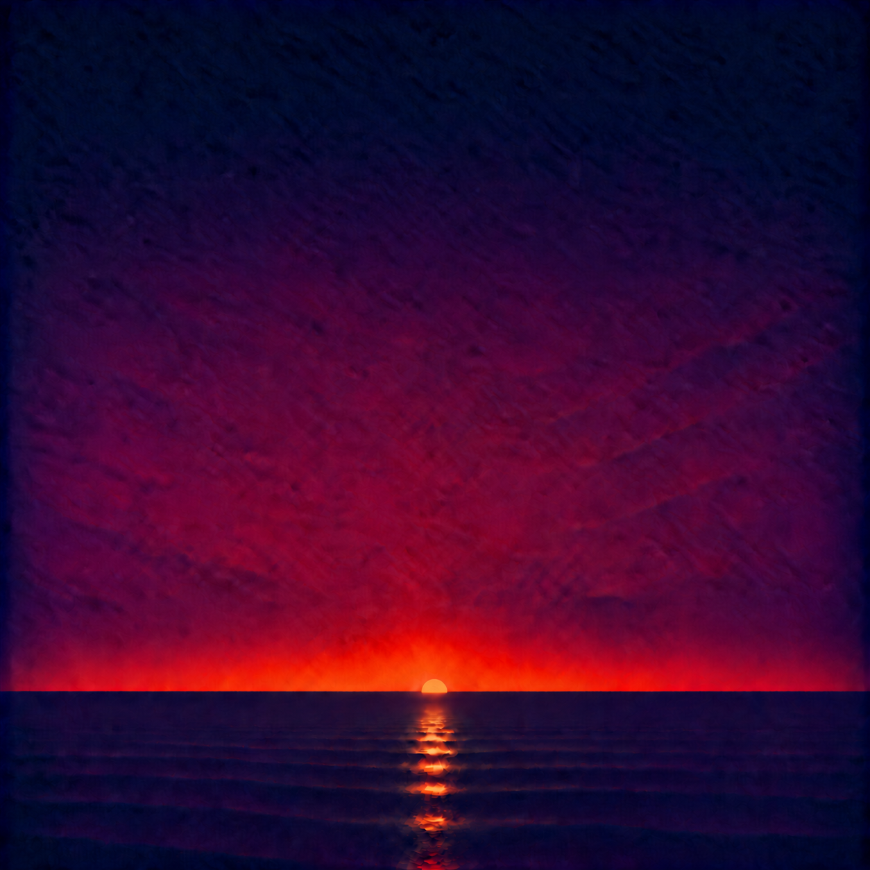 Minimalist seascape showing a glowing sun sinking lower behind a perfectly flat horizon, with a narrowing reflection across a calm blue ocean beneath a deep indigo, violet and crimson sky — evoking the Beaming Bernie blog Why People From Your Past Still Influence Your Choices, about recognising how the imagined reactions of former colleagues, old friends, family or people from an earlier stage of life can still shape the choices you make now.