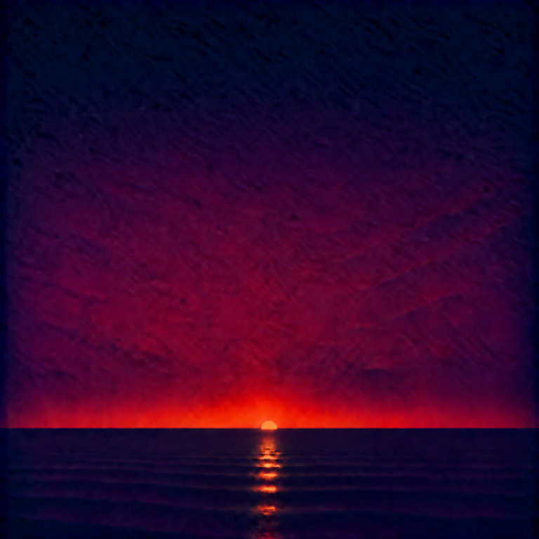 Minimalist seascape showing a glowing sun sinking lower behind a perfectly flat horizon, casting a narrowing luminous reflection across a calm blue ocean beneath a deep indigo, violet and crimson sky — evoking the Beaming Bernie blog What Would Still Matter If Nobody Knew?, about separating the value you experience in a goal from the value created by how the outcome will be seen, and noticing what would still matter if the audience disappeared.