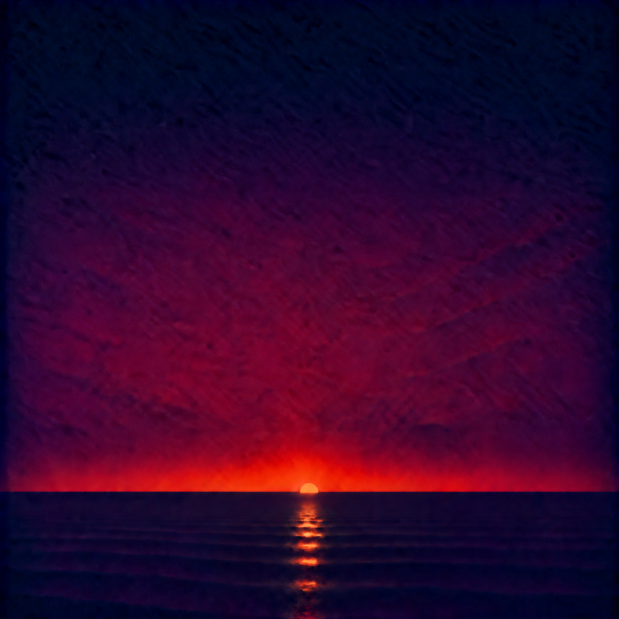 Minimalist seascape showing a glowing sun sinking lower behind a perfectly flat horizon, casting a narrowing luminous reflection across a calm blue ocean beneath a deep indigo, violet and crimson sky — evoking the Beaming Bernie blog What Would Still Matter If Nobody Knew?, about separating the value you experience in a goal from the value created by how the outcome will be seen, and noticing what would still matter if the audience disappeared.