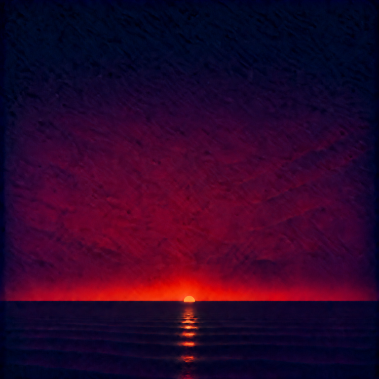Minimalist seascape showing a small glowing sun partially visible above a perfectly flat horizon, casting a narrowing luminous reflection across a calm blue ocean beneath a deep indigo, violet and crimson sky — evoking the Beaming Bernie blog Is Changing the Plan the Same as Breaking a Promise to Yourself?, about separating the commitment itself from the plan for honouring it, and recognising that changing the route does not necessarily mean breaking the promise.